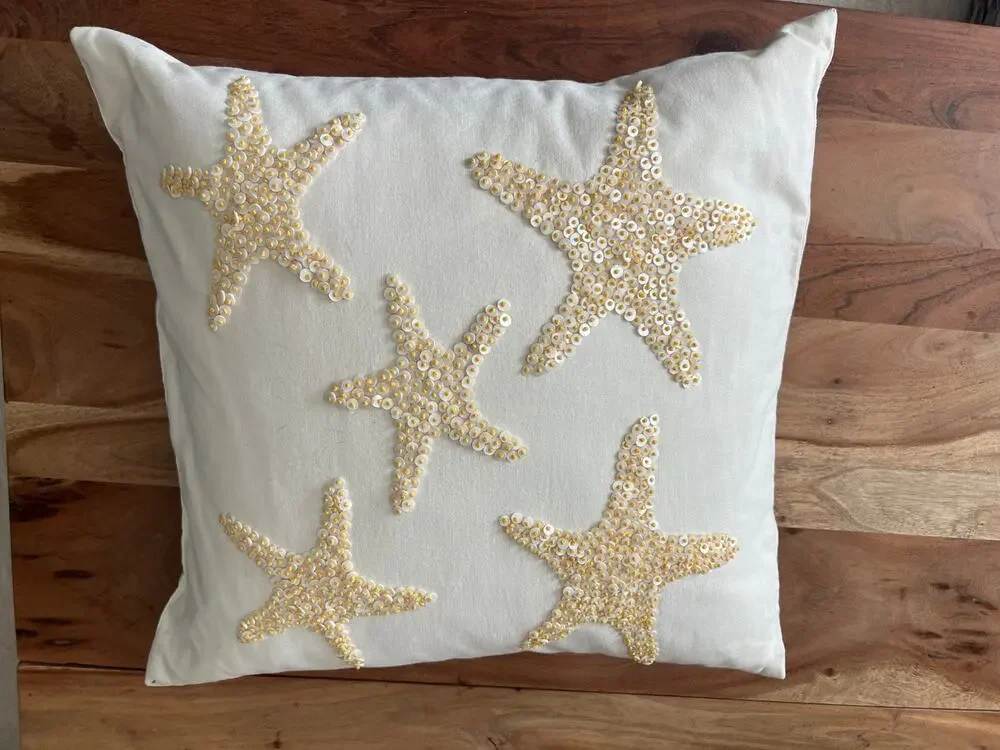 Coastal starfish decorative pillow white linen cover sequined starfish 18